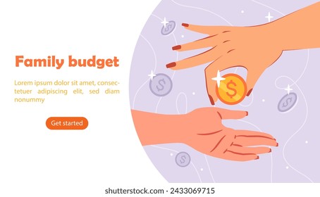 Family budget poster. Hands with golden coins. Financial literacy and passive income. Wife and husband with savings and incomes. Landing webpage design. Cartoon flat vector illustration