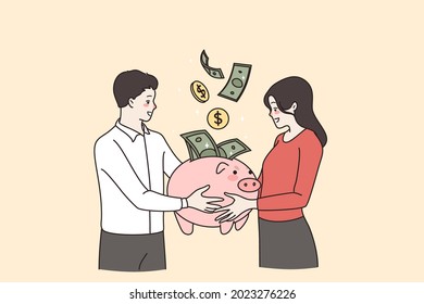 Family budget and savings concept. Young positive couple wife and husband standing holding piggybank with flying cash smiling feeling happy together with savings vector illustration 