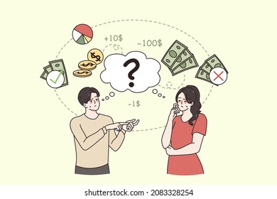 Family Budget And Savings Concept. Young Sad Disappointed Man And Woman Wife And Husband Standing Counting Finance Money And Feeling Unhappy With Lack Of Money Vector Illustration 