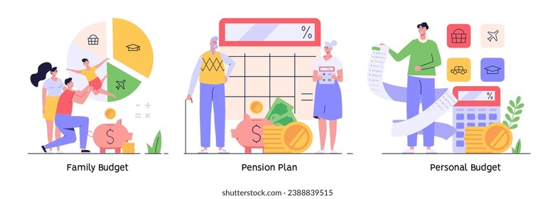 Familienbudget. Yong-Paar mit Kind sparen Geld und Planungsaufwendungen mit Sparschwein, Taschenrechner und Münzen. Einziehung von Familiengeld, Haushaltsfinanzierung. Flaches Cartoon, Vektorgrafik