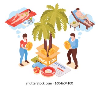 Family budget vacation planning isometric composition with joint income travel savings palm beach long chair vector illustration 
