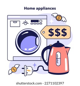 Family budgeting concept. Personal currency balance management, keeping track on your expences on home appliances. Financial planning and well-being. Flat vector illustration