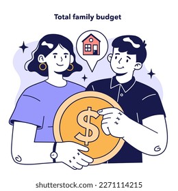 Family budgeting concept. Total budget planning model to keep track on your income and expencese. Idea of financial planning and well-being. Flat vector illustration