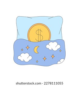 Family budgeting. Money savings, financial cushion building, future investment. Keep money safe. Financial planning and well-being. Flat vector illustration of coin on cushion feel comfortable.