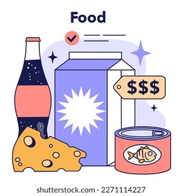 Family budgeting. Personal currency balance management, keeping track on your regular expences on food. Idea of financial planning and well-being. Payments distribution. Flat vector illustration