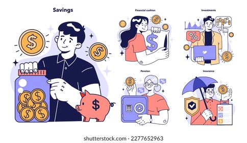 Family budgeting set. Money savings on bank account, future investment. Personal currency balance management. Financial planning and well-being. Flat vector illustration