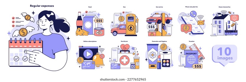 Family budgeting set. Personal currency balance management, keeping track on your regular expences. Idea of financial planning and well-being. Payments distribution. Flat vector illustration