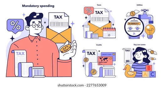 Conjunto de presupuestos familiares. Gestión del saldo de la moneda personal, haciendo un seguimiento de sus gastos obligatorios. Idea de planificación financiera y bienestar. Distribución de pagos. Ilustración vectorial plana