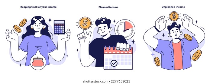 Family budgeting set. Personal currency balance management, keeping track on your income. Idea of financial planning and well-being. Payments distribution. Flat vector illustration