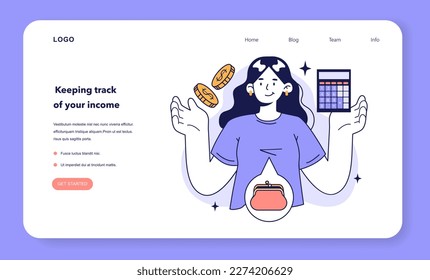 Banner web de presupuestos familiares o página de inicio. Gestión del balance de divisas personal, haciendo un seguimiento de sus ingresos. Planificación financiera y bienestar. Distribución de pagos. Ilustración vectorial plana