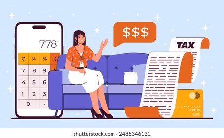 Eine Frau mit einem Familienbudget. Junge Mädchen sitzt auf Sofa in der Nähe von Smartphone mit Taschenrechner. Finanzkompetenz und Kostensenkung. Buchhaltung und Steuern. Flache Vektorillustration isoliert auf blauem Hintergrund