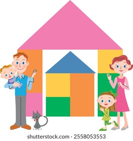 A family building a house shape with building blocks