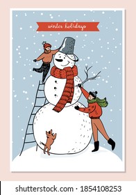 Family building of a huge cute snowman. Dad and son on the stairs together with the dog make a snowman with a bucket on his head and a red scarf. Vector stock illustration in blue and red colors.
