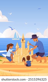 Construção de família castelo de areia na praia com veleiro e gaivotas no fundo conceito de férias de verão