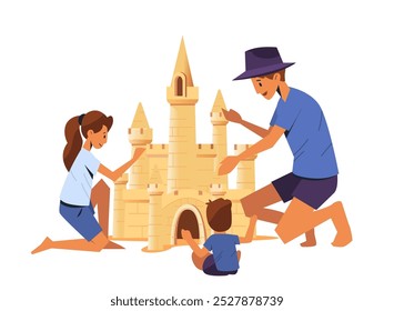 Family building sandcastle on beach summer vacation fun outdoor activity