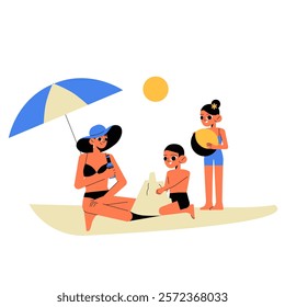 Family Building Sandcastles On Beach Under Umbrella In Flat Vector Illustration Symbolizing Summer Fun, Bonding, And Relaxation, Isolated On White Background