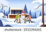 Family building snowman in snowy winter landscape with modern house pine trees mountains snowflakes