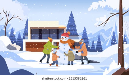 Family building snowman in snowy winter landscape with modern house pine trees mountains snowflakes