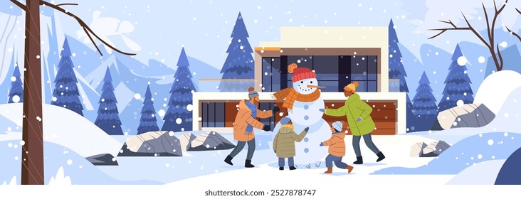 Family building snowman winter landscape modern house snowy forest holiday activity. People enjoying outdoor fun in snow with pine trees mountains background