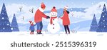 Family building snowman winter scene snowy landscape. Parents and child decorating snowman in snowy outdoor setting with pine trees and snowflakes. Winter fun activity