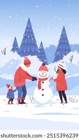 Family building snowman winter scene snowy forest background playful activity seasonal fun outdoor cold weather