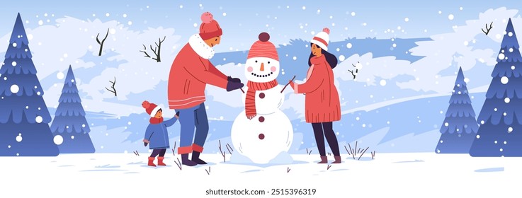 Family building snowman winter scene snowy landscape. Parents and child decorating snowman in snowy outdoor setting with pine trees and snowflakes. Winter fun activity