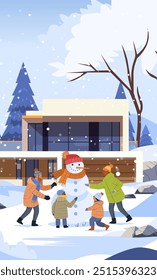 Family building snowman winter scene modern house background snowy landscape holiday fun