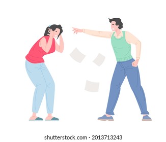 Family bullying concept. Domestic violence, violence against women. an attacked woman yells. Flat cartoon character vector illustration.