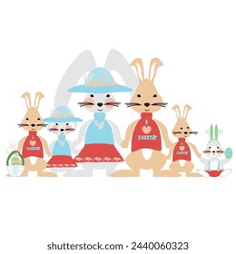 Family of bunnies celebrating Easter Sunday with their best outfits. Happy Easter design background for web, print or banner. Bunnies wearing hats, dresses, I love Easter t-shirt, and suspenders.