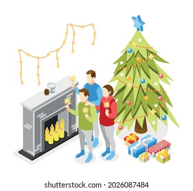 Family burning bengal lights sparklers near fireplace presents placed beneath christmas tree background isometric compositions vector illustration