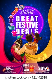 Family burning firecracke on Happy Diwali night celebrating holiday of India with festive deal background. Vector illustration