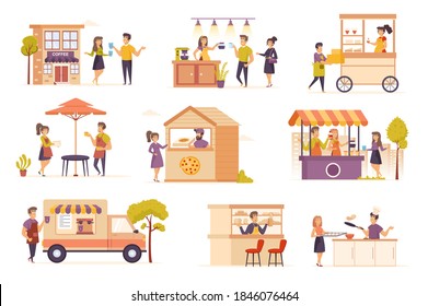 Family business bundle of flat scenes. Street cafe, fast food restaurant isolated set. Food truck, menu, coffee and pizza sale, barista, chef elements. Small business cartoon vector illustration.