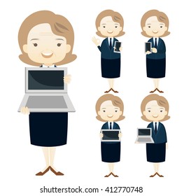 Family business cartoon character holding computer tablet pc on White background.- vector illustration