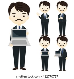 Family business cartoon character holding computer tablet pc on White background.- vector illustration