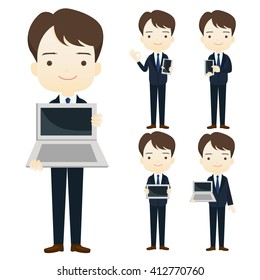 Family business cartoon character holding computer tablet pc on White background.- vector illustration