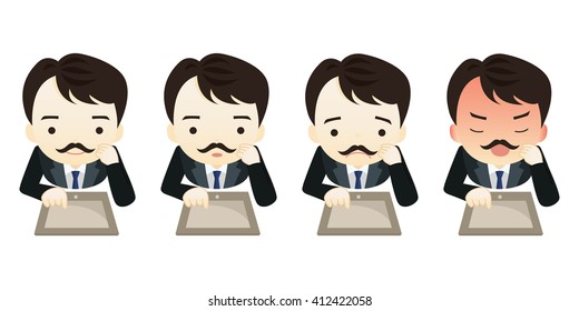 Family business cartoon character playing tablet PC in different emotions faces on White background.- vector illustration