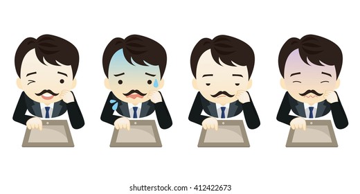Family business cartoon character playing tablet PC in different emotions faces on White background.- vector illustration