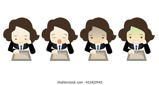 Family business cartoon character playing tablet PC in different emotions faces on White background.- vector illustration