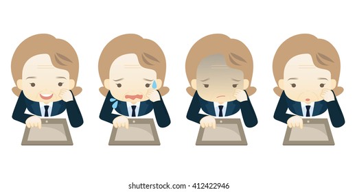 Family business cartoon character playing tablet PC in different emotions faces on White background.- vector illustration