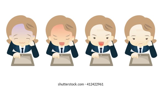Family business cartoon character playing tablet PC in different emotions faces on White background.- vector illustration