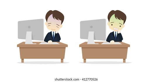 Family business cartoon character playing desktop personal computer PC in different emotions faces on White background.- vector illustration