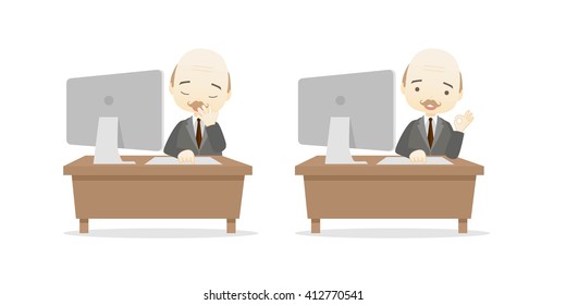 Family business cartoon character playing desktop personal computer PC in different emotions faces on White background.- vector illustration