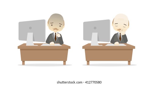 Family business cartoon character playing desktop personal computer PC in different emotions faces on White background.- vector illustration
