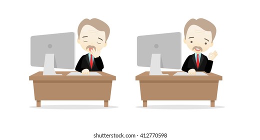 Family business cartoon character playing desktop personal computer PC in different emotions faces on White background.- vector illustration
