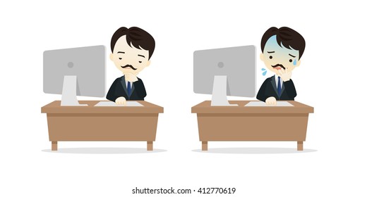 Family business cartoon character playing desktop personal computer PC in different emotions faces on White background.- vector illustration