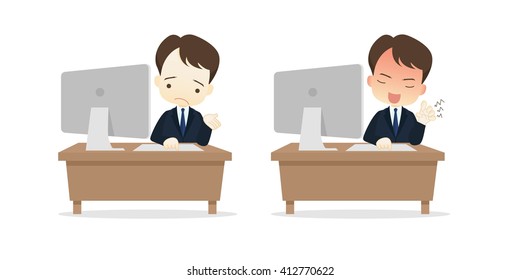 Family business cartoon character playing desktop personal computer PC in different emotions faces on White background.- vector illustration