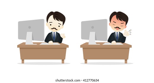 Family business cartoon character playing desktop personal computer PC in different emotions faces on White background.- vector illustration