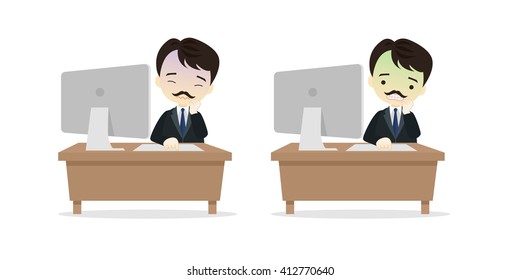 Family business cartoon character playing desktop personal computer PC in different emotions faces on White background.- vector illustration