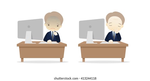 Family business cartoon character playing desktop personal computer PC in different emotions faces on White background.- vector illustration