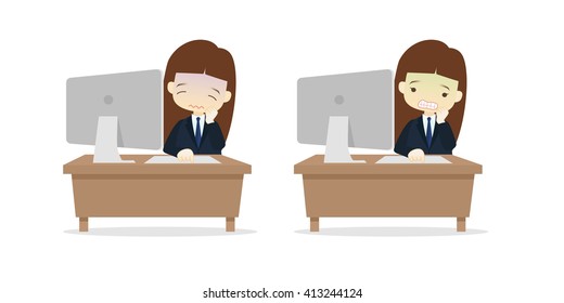 Family business cartoon character playing desktop personal computer PC in different emotions faces on White background.- vector illustration